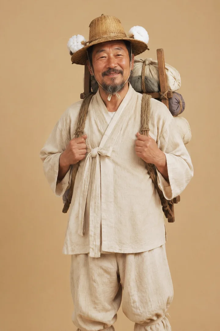 A bobusang peddler in hemp clothes and a straw hat with cotton tufts, in Harvest