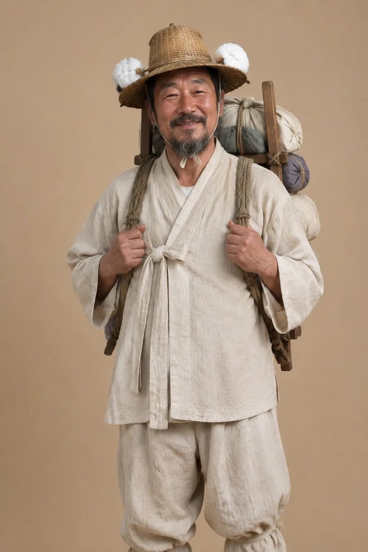 A bobusang peddler in hemp clothes and a straw hat with cotton tufts, the original