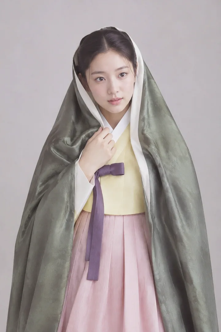 A noblewoman holding a green jang-ot cloak over her head like a hood, in Spring Haze