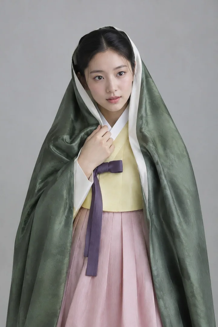 A noblewoman holding a green jang-ot cloak over her head like a hood, the original
