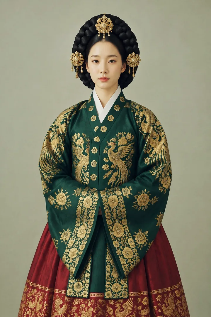 A young queen in a gold-patterned green dangui and a crown of braids, in Gold Leaf