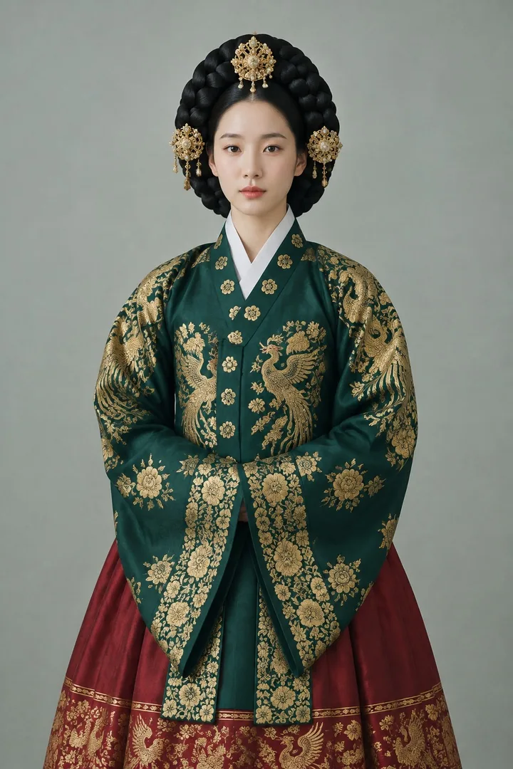 A young queen in a gold-patterned green dangui and a crown of braids, the original