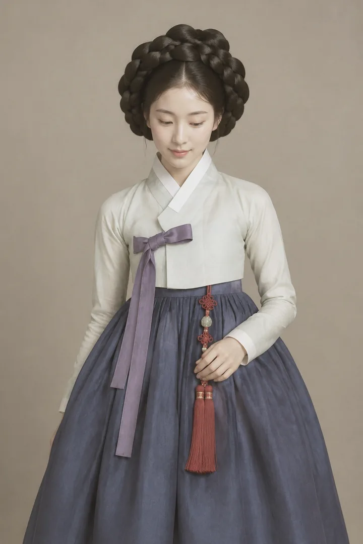 A Joseon beauty after Sin Yun-bok, in a jade jeogori and indigo chima, in Silk Painting