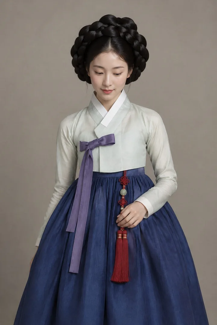 A Joseon beauty after Sin Yun-bok, in a jade jeogori and indigo chima, the original