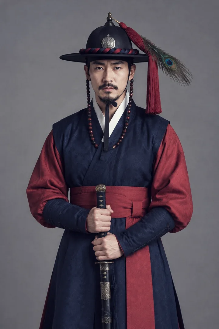 A military officer in a gugunbok and feathered jeollip hat, holding a sword, in Steel