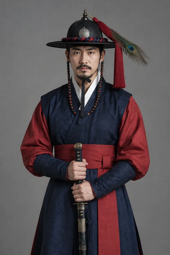 A military officer in a gugunbok and feathered jeollip hat, holding a sword, the original