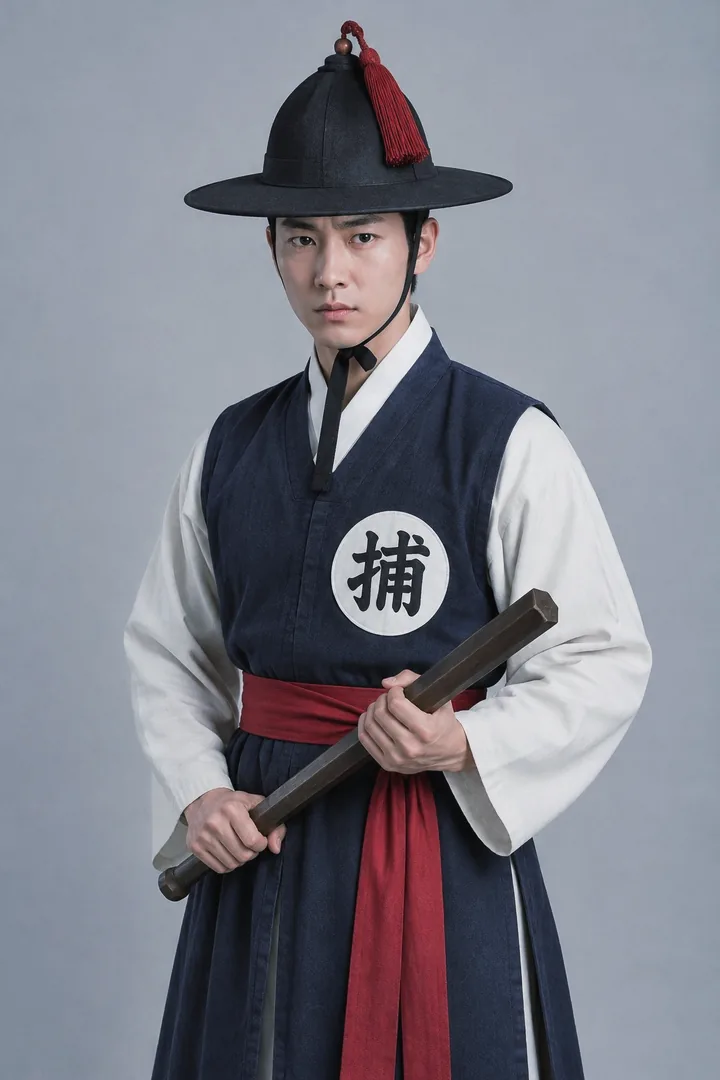 A constable in a black beonggeoji hat and a navy tabard marked 捕, in Night Watch