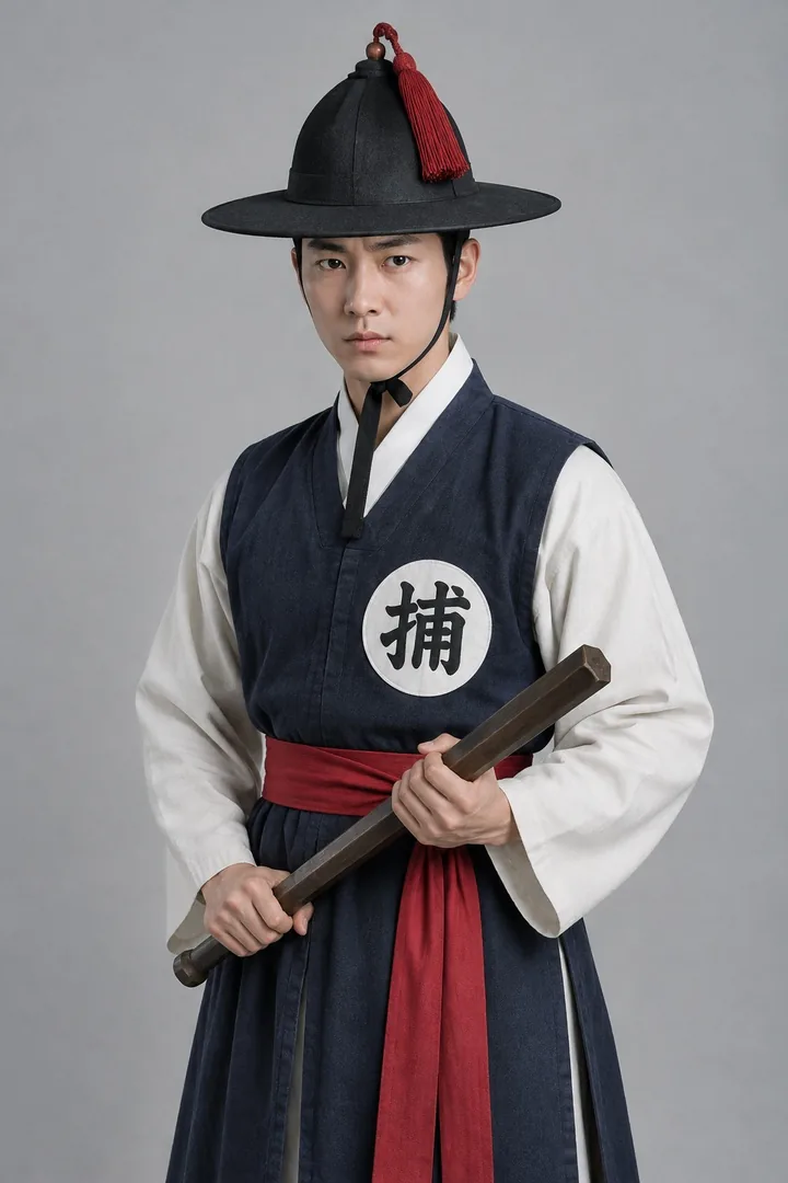 A constable in a black beonggeoji hat and a navy tabard marked 捕, the original