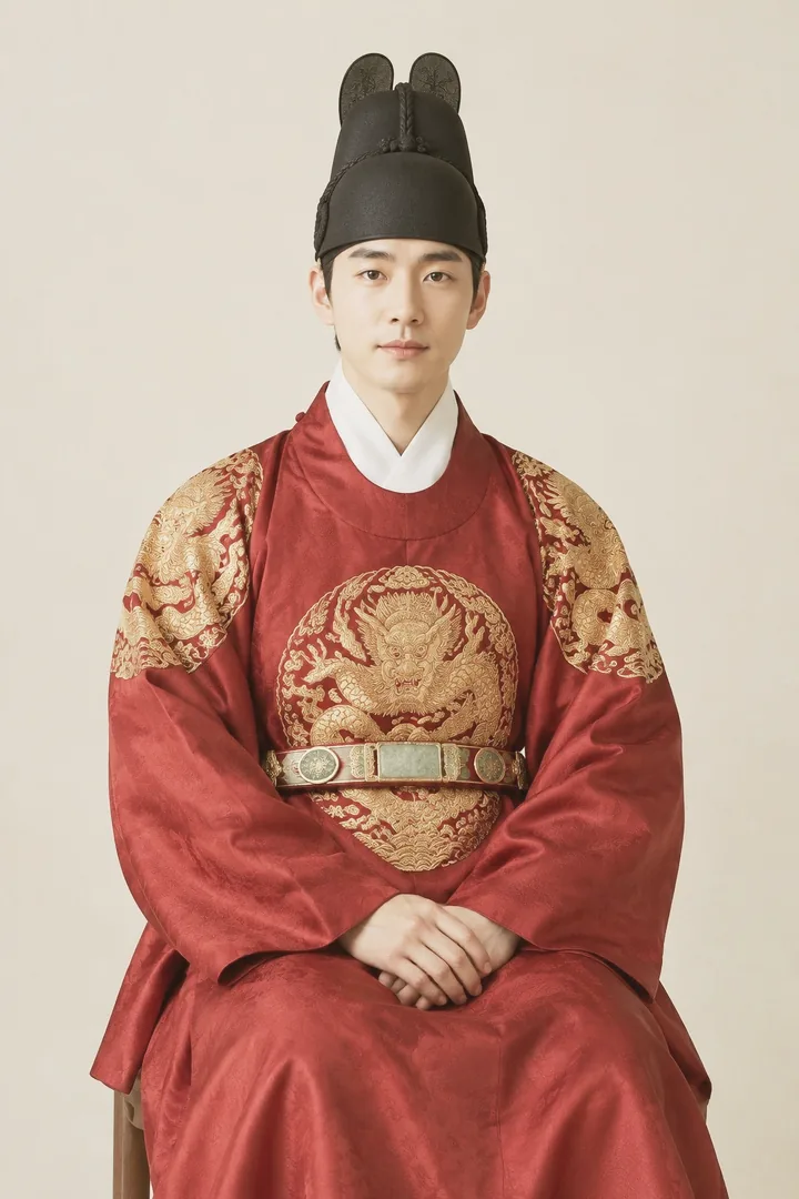 A young man as King Sejong in a red dragon robe and winged ikseongwan hat, in Hanji
