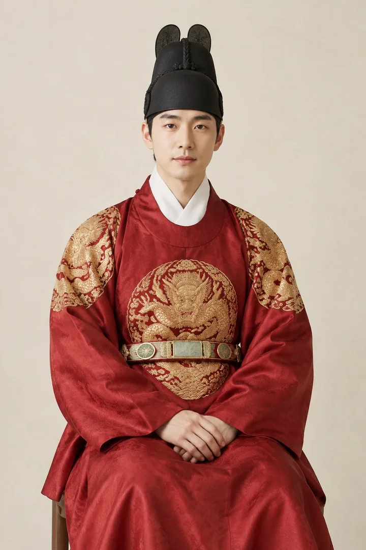 A young man as King Sejong in a red dragon robe and winged ikseongwan hat, the original