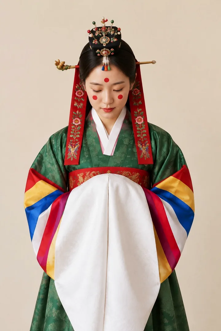 A bride in a green wonsam and jokduri, red dots on her cheeks, hands in white hansam, in Festive