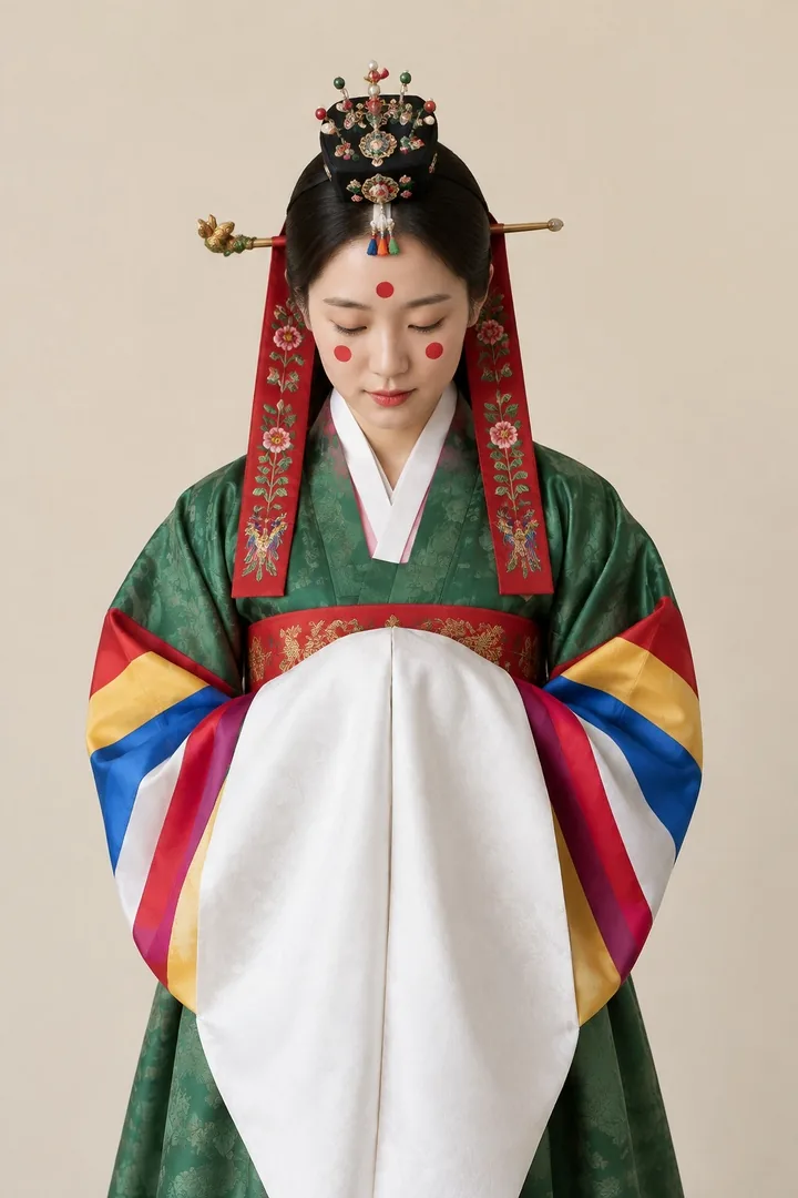 A bride in a green wonsam and jokduri, red dots on her cheeks, hands in white hansam, the original