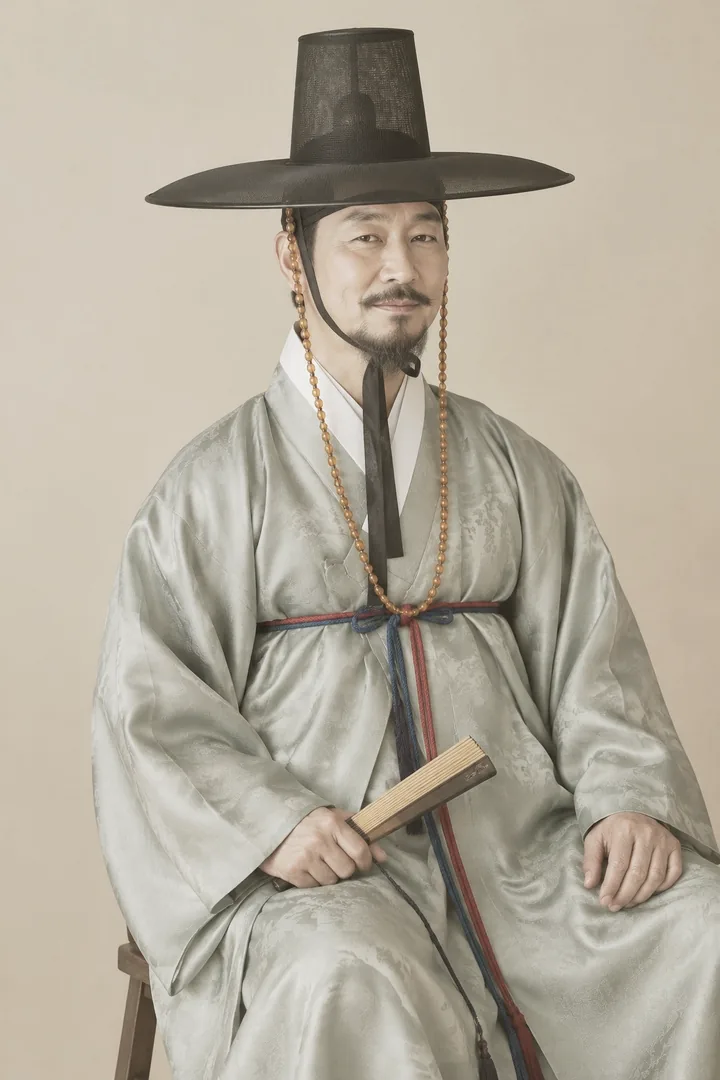 A wealthy yangban in a jade silk dopo and black gat, holding a folding fan, in Old Silk