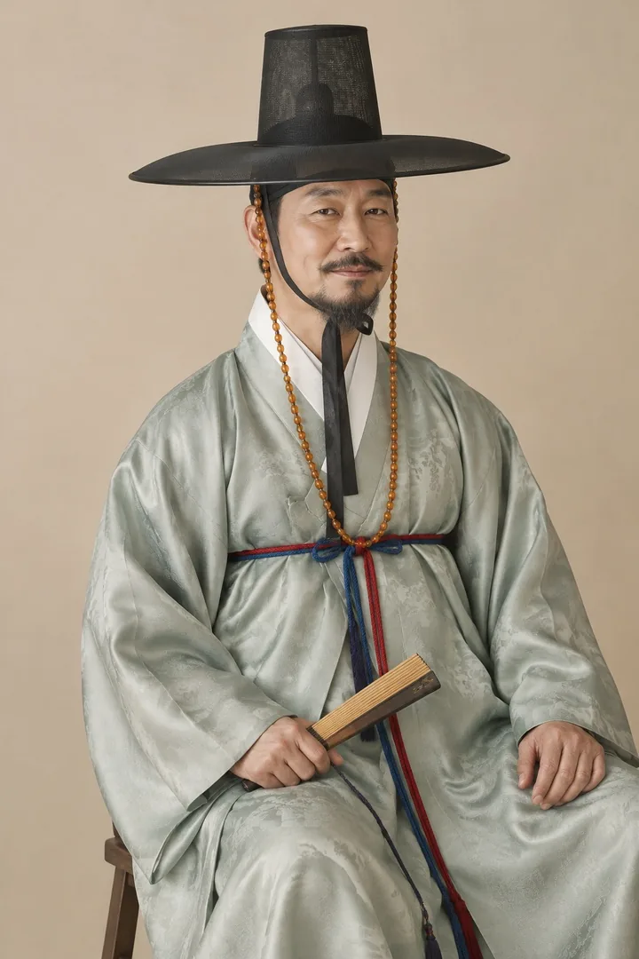 A wealthy yangban in a jade silk dopo and black gat, holding a folding fan, the original