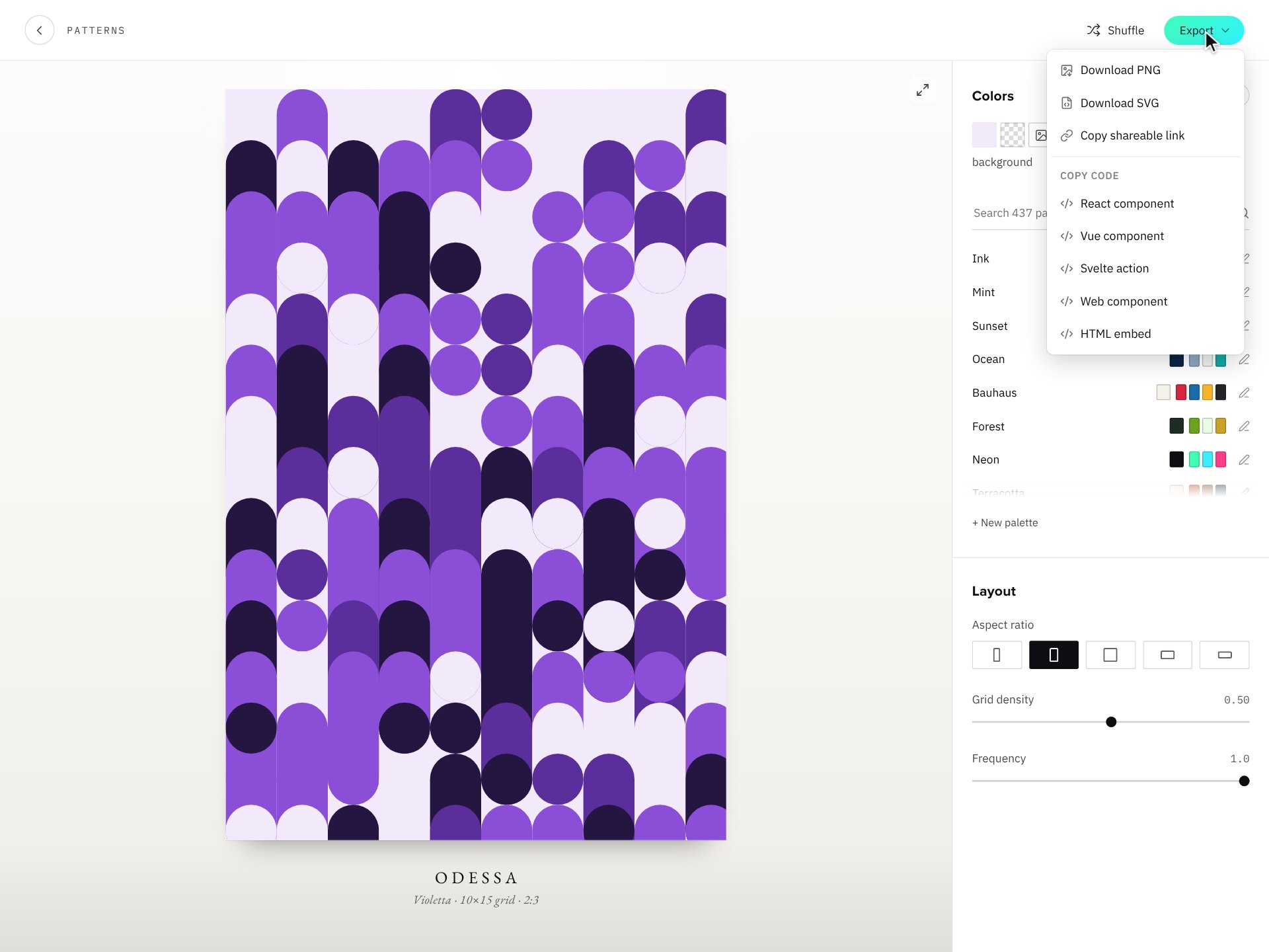 Export: PNG, SVG, a share link, or code for React, Vue, Svelte and more.