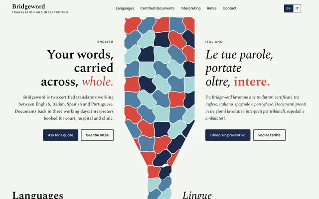 The Bridgeword template, the top of its home page