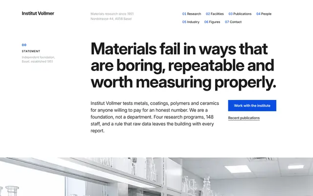 The Institut Vollmer template, the top of its home page