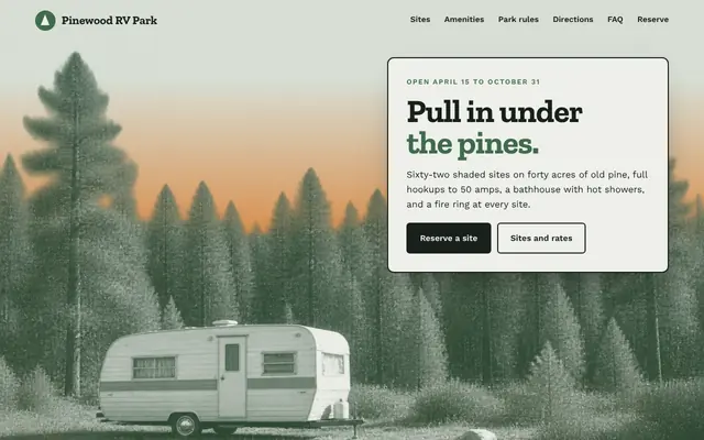 The Pinewood RV Park template, the top of its home page