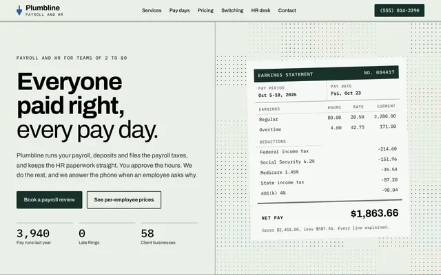 The Plumbline Payroll template, the top of its home page