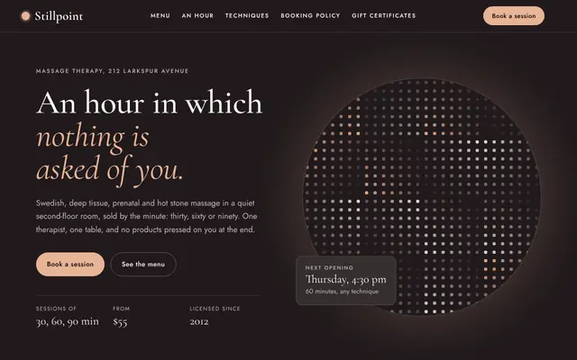 The Stillpoint Massage template, the top of its home page